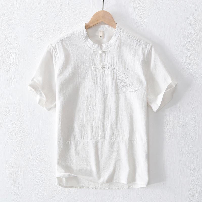 Frog-button Mandarin Collar Embroidery Cotton Linen Short Sleeve Men's Shirt