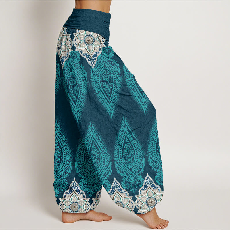 Casual Feather Flower Design Women's Elastic Waist Harem Pants