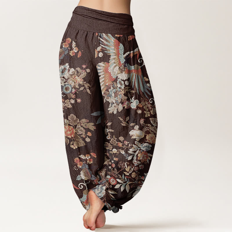 Colorful Flowers Birds Leaves Pattern Women's Elastic Waist Harem Pants