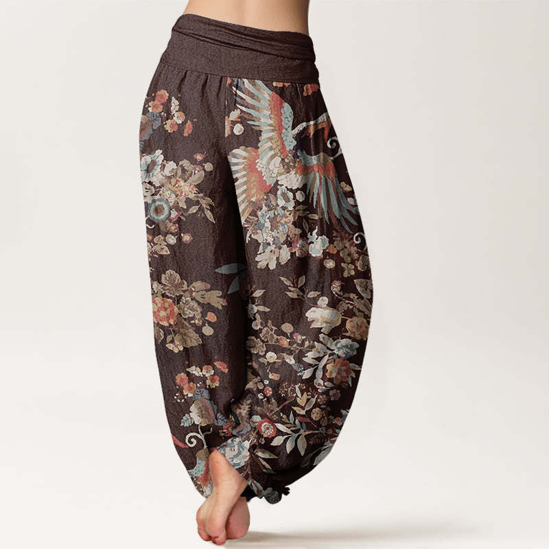 Colorful Flowers Birds Leaves Pattern Women's Elastic Waist Harem Pants