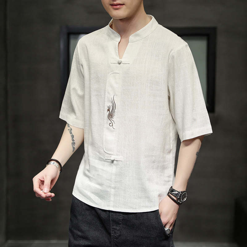 Frog-Button Phoenix Embroidery Chinese Tang Suit Short Sleeve Shirt Cotton Linen Men Clothing