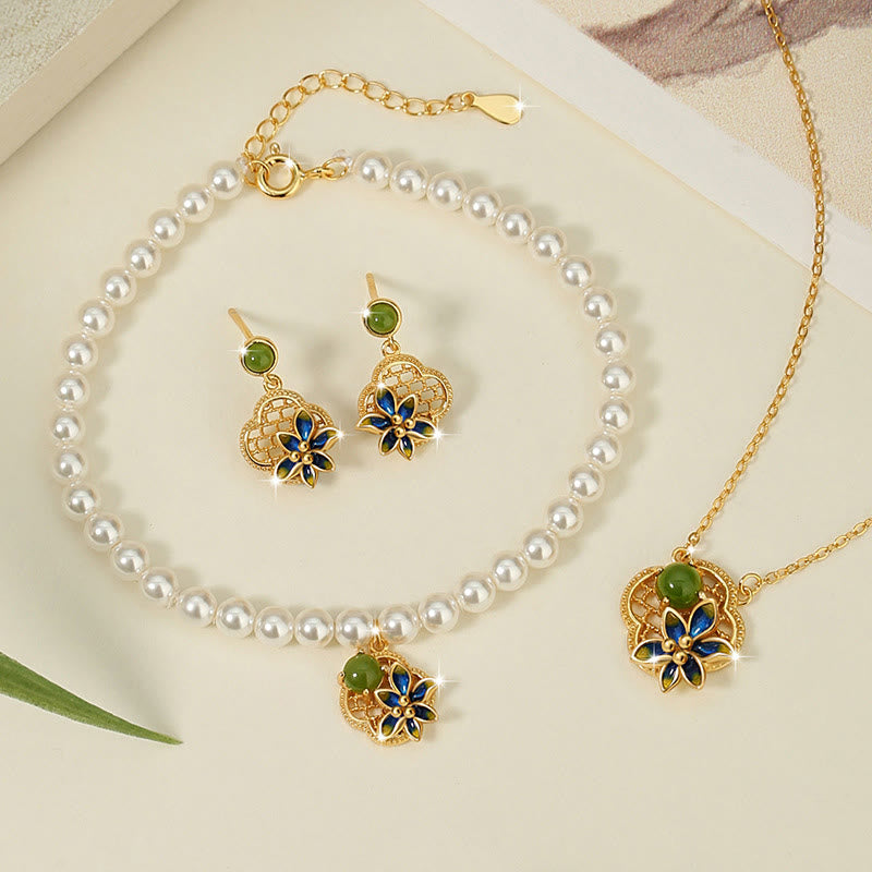 925 Sterling Silver Four Leaf Clover Flower Hetian Cyan Jade Pearl Healing Necklace Pendant Bracelet Earrings Set