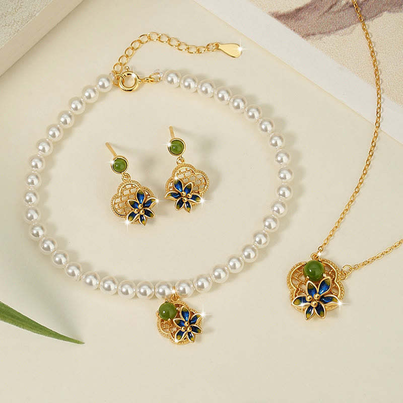 925 Sterling Silver Four Leaf Clover Flower Hetian Cyan Jade Pearl Healing Necklace Pendant Bracelet Earrings Set