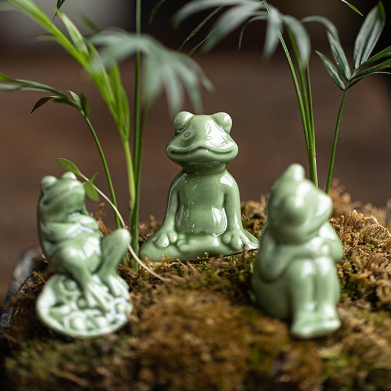 Mini Small Meditation Lotus Resting Frog Ceramic Wealth Luck Home Tea Pet Figurine Decoration