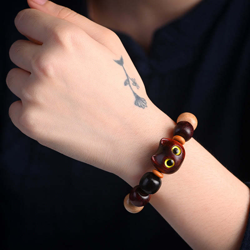 Small Leaf Red Sandalwood Ebony Wood Cute Cat Engraved Protection Bracelet