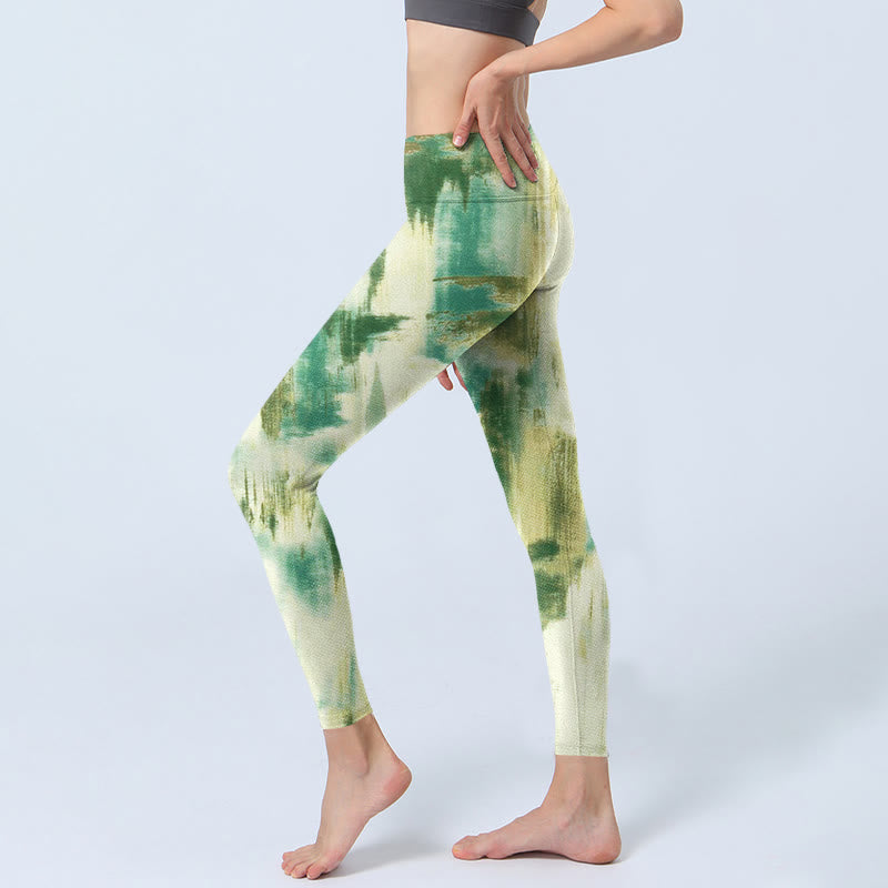 Beige Green Tie Dye Print Exercise Leggings Women's Yoga Pants
