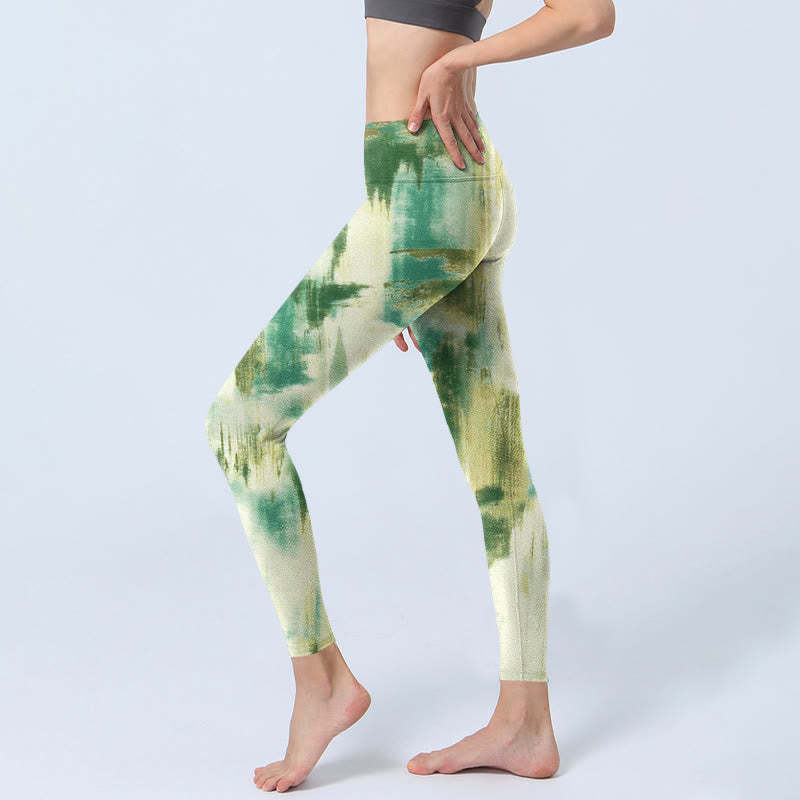 Beige Green Tie Dye Print Exercise Leggings Women's Yoga Pants