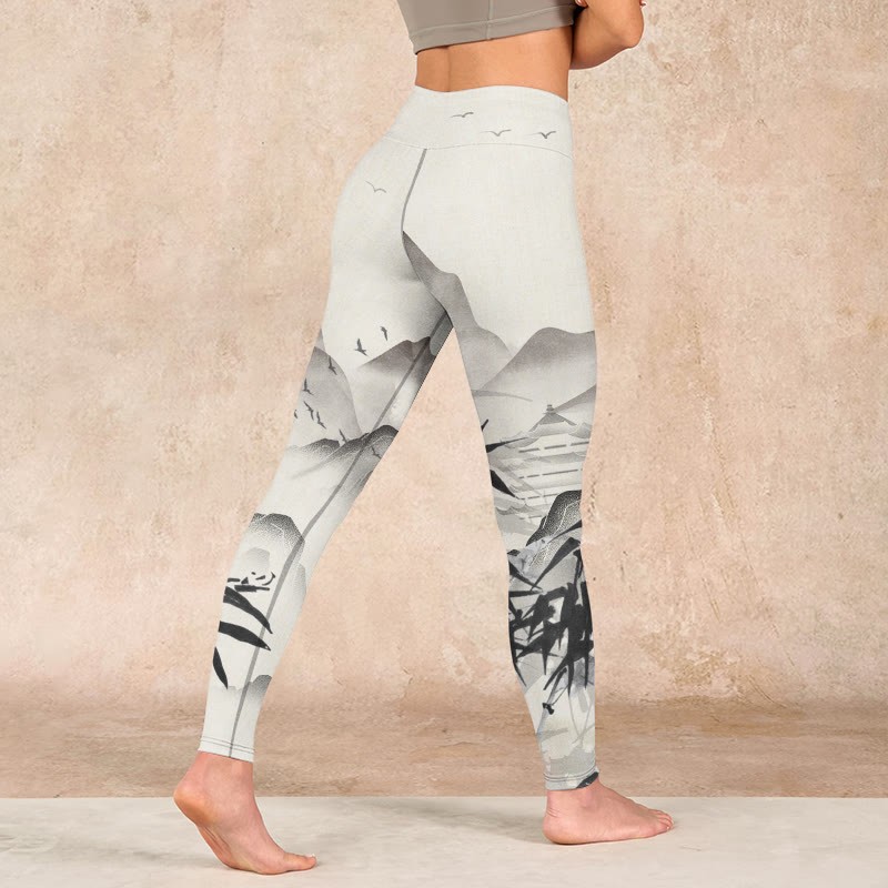 Ink Bamboo Mountains Print Gym Leggings Women's Yoga Pants