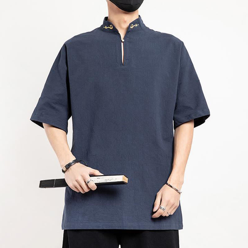 Chinese Tang Suit Embroidery Half Sleeve Shirt Linen Men Clothing