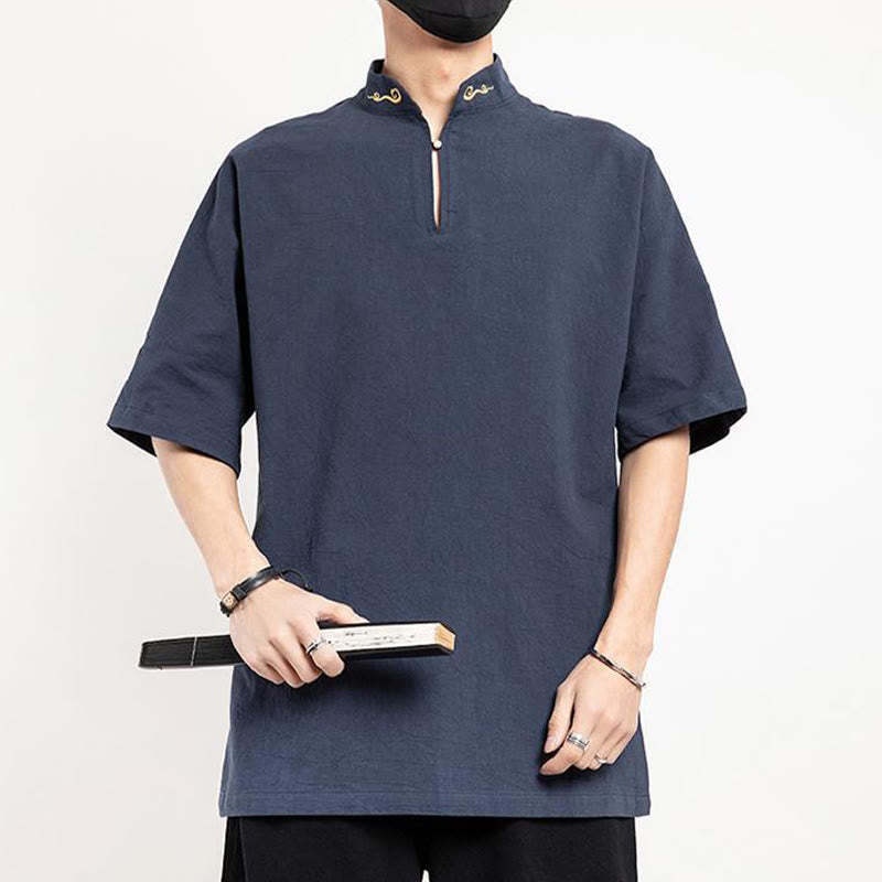 Chinese Tang Suit Embroidery Half Sleeve Shirt Linen Men Clothing