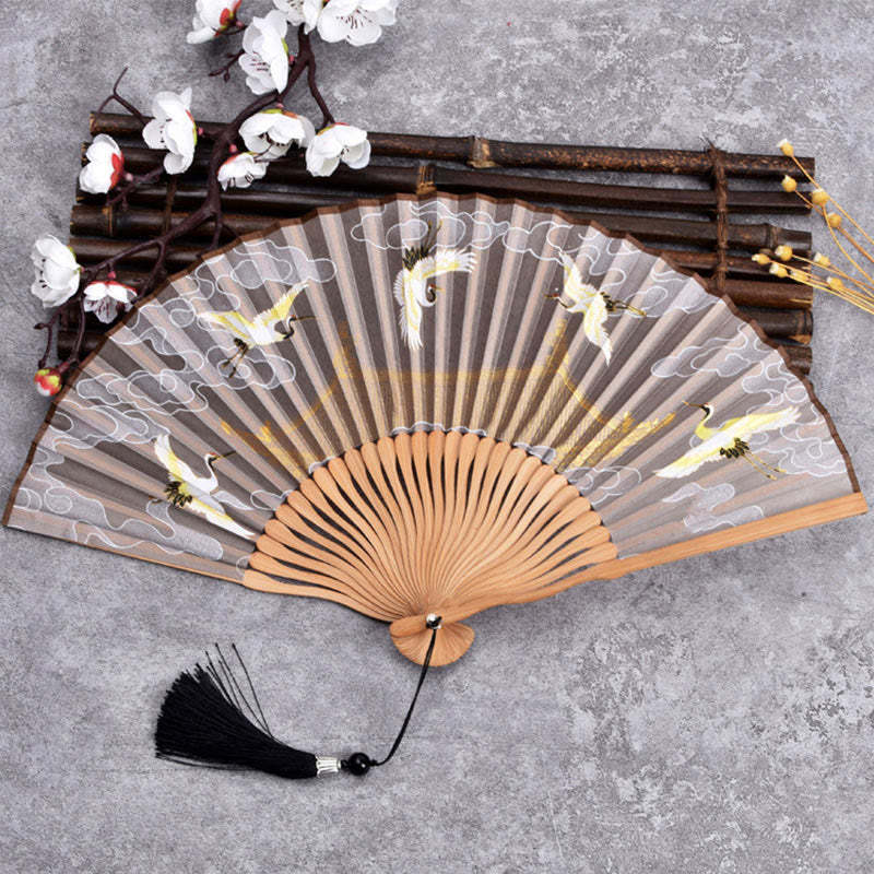 Cranes Auspicious Clouds Solid Color Gradient Handheld Cotton Linen Fabric Bamboo Folding Fan