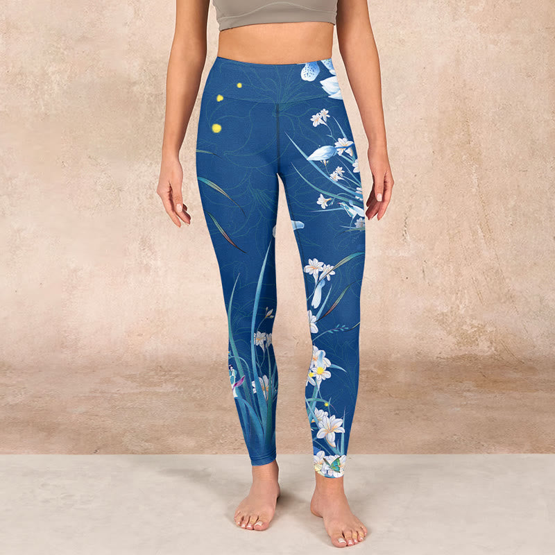 SteelBlue Small White Flowers Butterfly Exercise Leggings Women's Yoga Pants