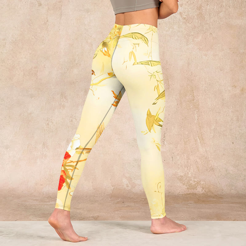 Light Yellow Peony Flowers Birds Print Sports Leggings Women's Yoga Pants