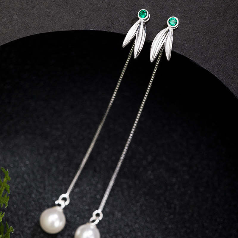 925 Sterling Silver Zircon Pearl Bamboo Leaves Protection Drop Earrings