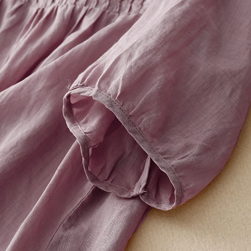 Casual Plain Loose Women's V-Neck Design Half Sleeve Cotton Linen Shirt