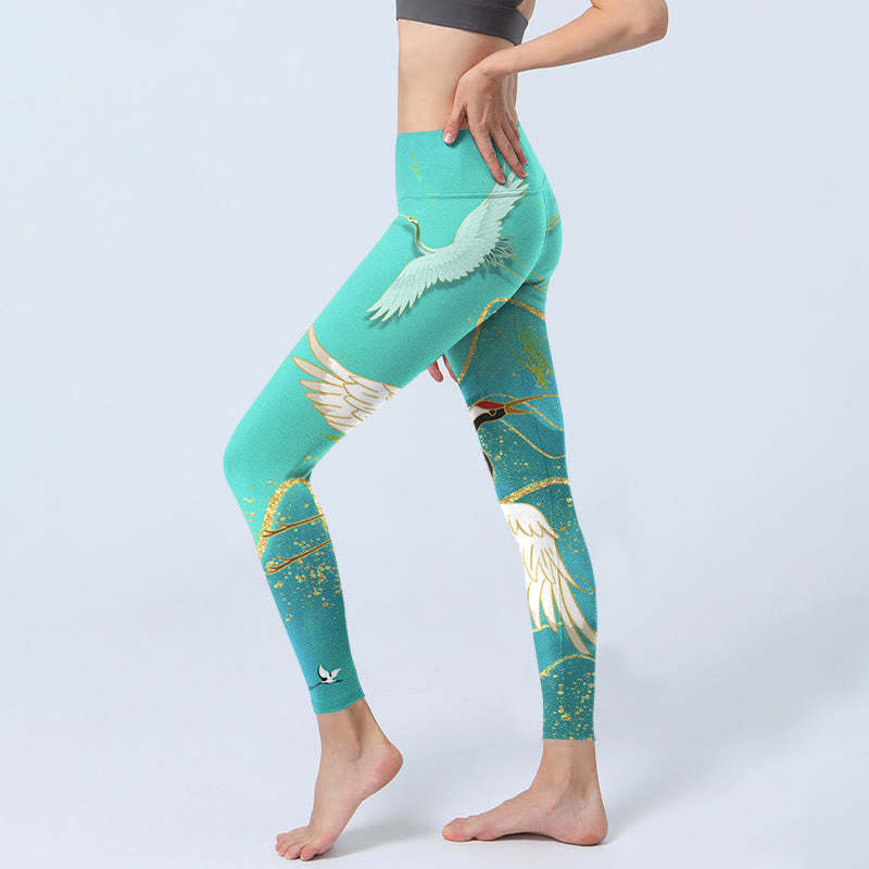 Mint Green Mountain Crane Print Fitness Leggings Women's Yoga Pants