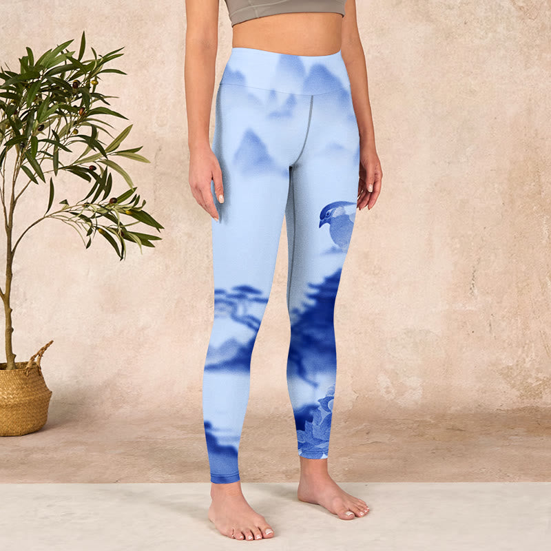 Blue Bird Peony Print Sports Leggings Women's Yoga Pants