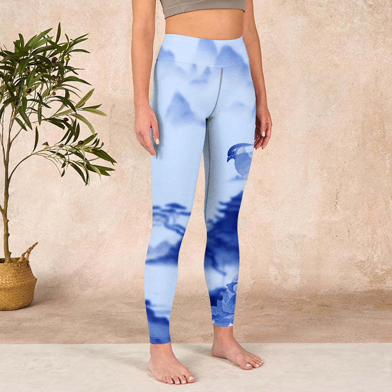 Blue Bird Peony Print Sports Leggings Women's Yoga Pants