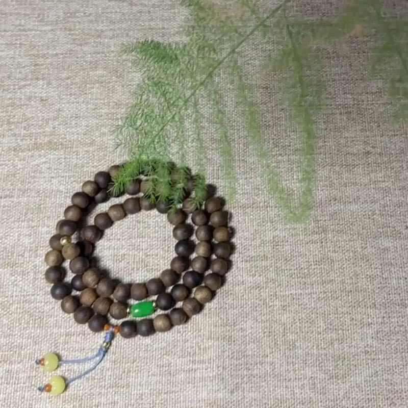 108 Mala Beads Nha Trang Bai Qinan Agarwood Cyan Jade Amber Strength Meditation Bracelet