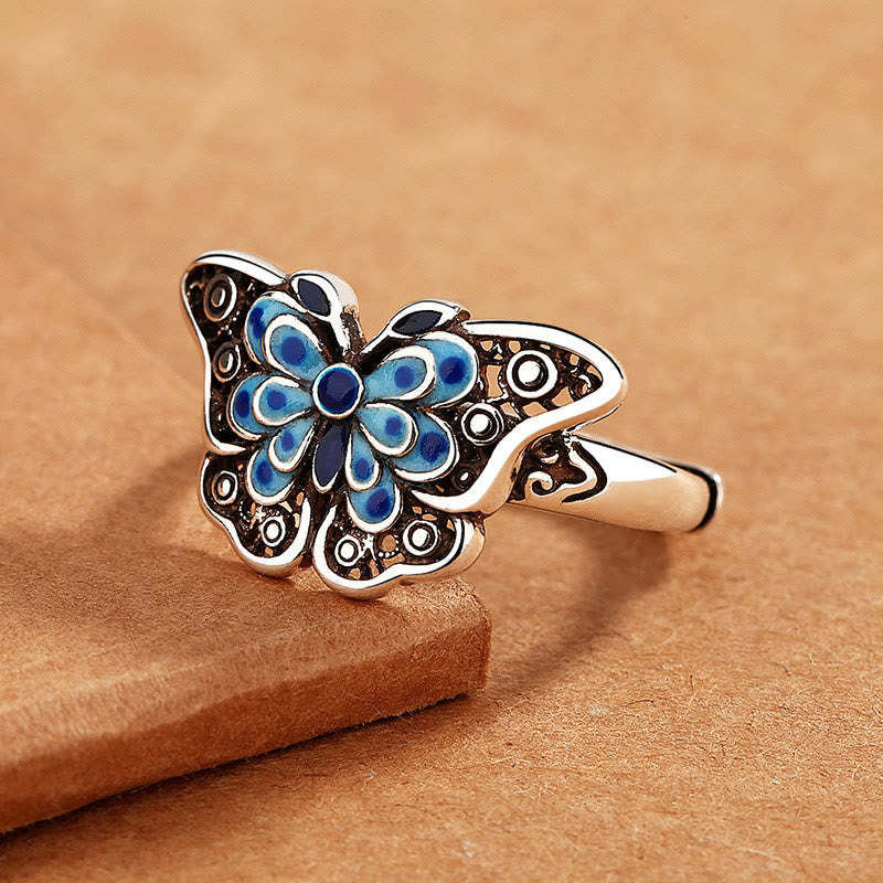 Hollow Enamel Blue Butterfly Pattern Love Ring