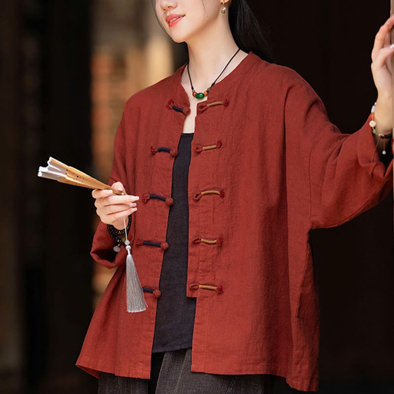 Solid Color Two-color Frog-button Long Sleeve Ramie Linen Women's Shirt