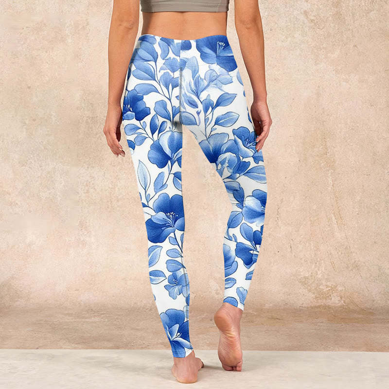Blue Flowers Print Fitness Leggings Women's Yoga Pants