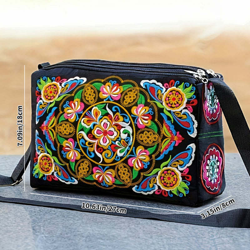 Galsang Inula Flower Peony Peacock Double-Sided Embroidery Canvas Shopping Purse Handbag Crossbody Bag