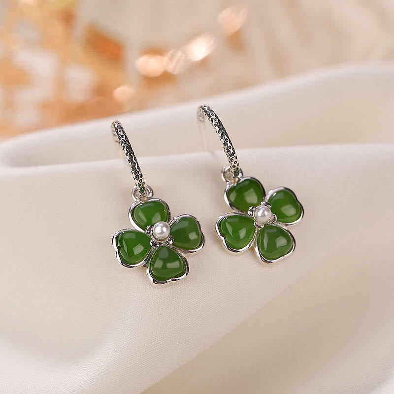 925 Sterling Silver Natural Cyan Jade Four Leaf Clover Luck Success Earrings
