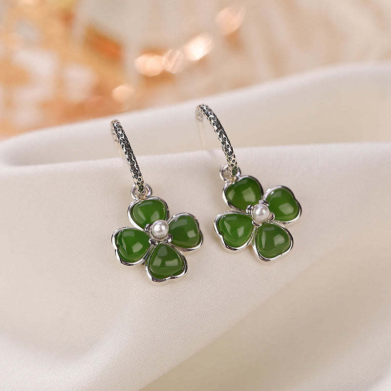 925 Sterling Silver Natural Cyan Jade Four Leaf Clover Luck Success Earrings
