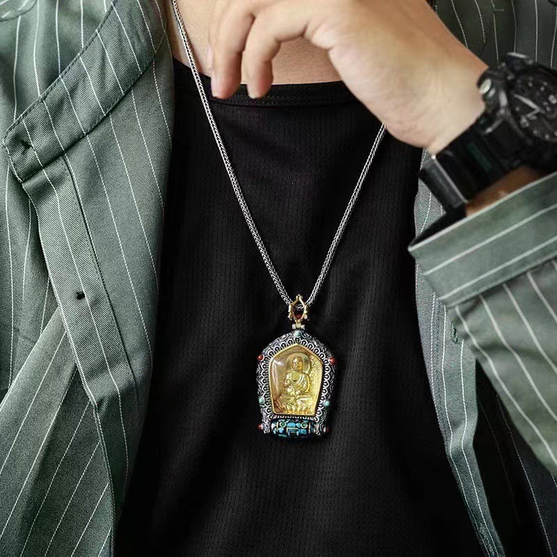 Tibet Chinese Zodiac Natal mystic zen Thangka Prosperity Rotatable Dzi Bead Necklace Pendant