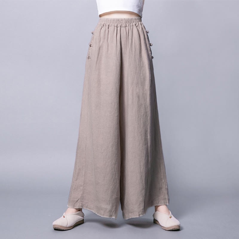 Casual Cotton Frog-Button High Waist Wide Leg Pants With Pockets
