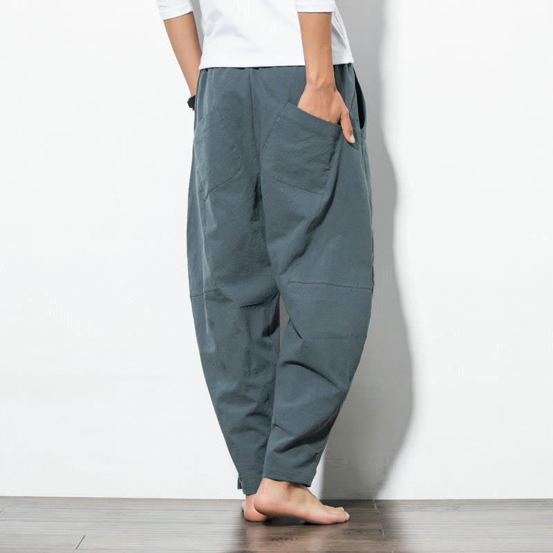 Casual Men's Solid Color Linen Drawstring Pants With Pockets