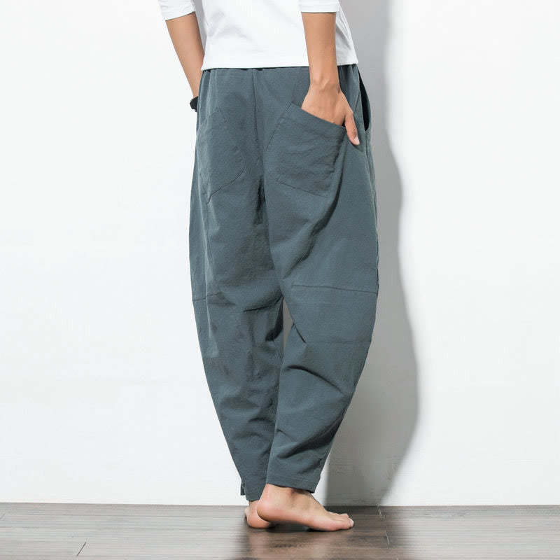 Casual Men's Solid Color Linen Drawstring Pants With Pockets