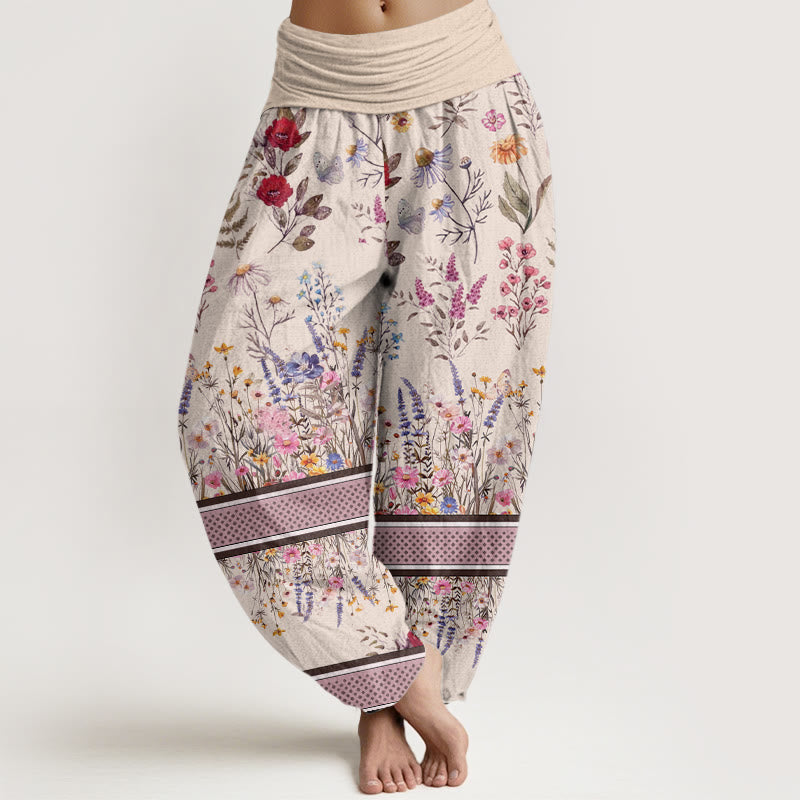 Multicolored Flowers Butterflies Design Women's Elastic Waist Harem Pants
