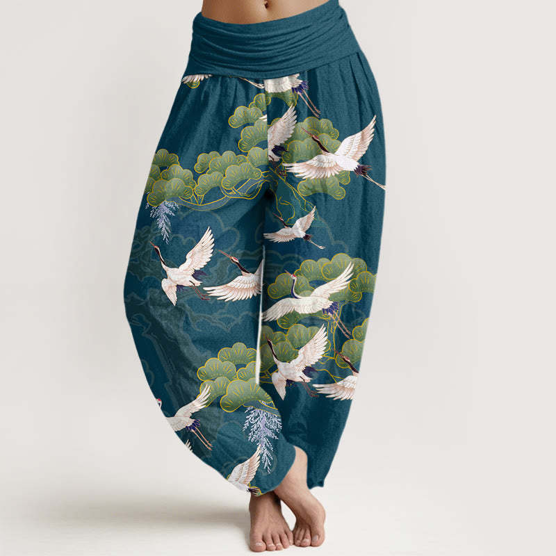 Crane Pine Tree Totem Pattern Women's Elastic Waist Harem Pants