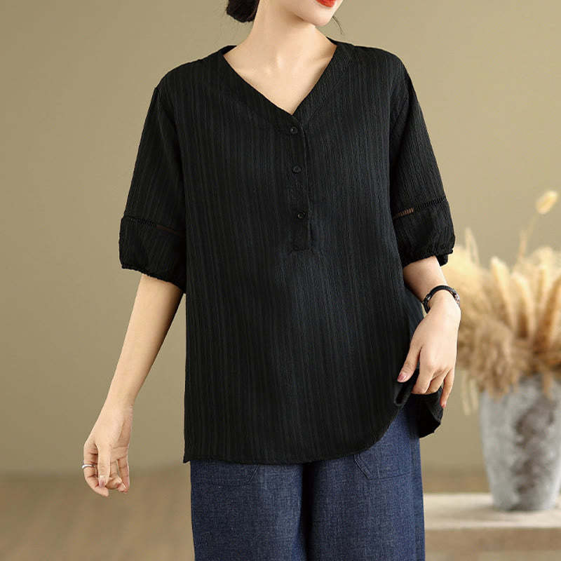 Summer Casual Pure Half Puff Sleeve Half Button V-neck Women's T-Shirt