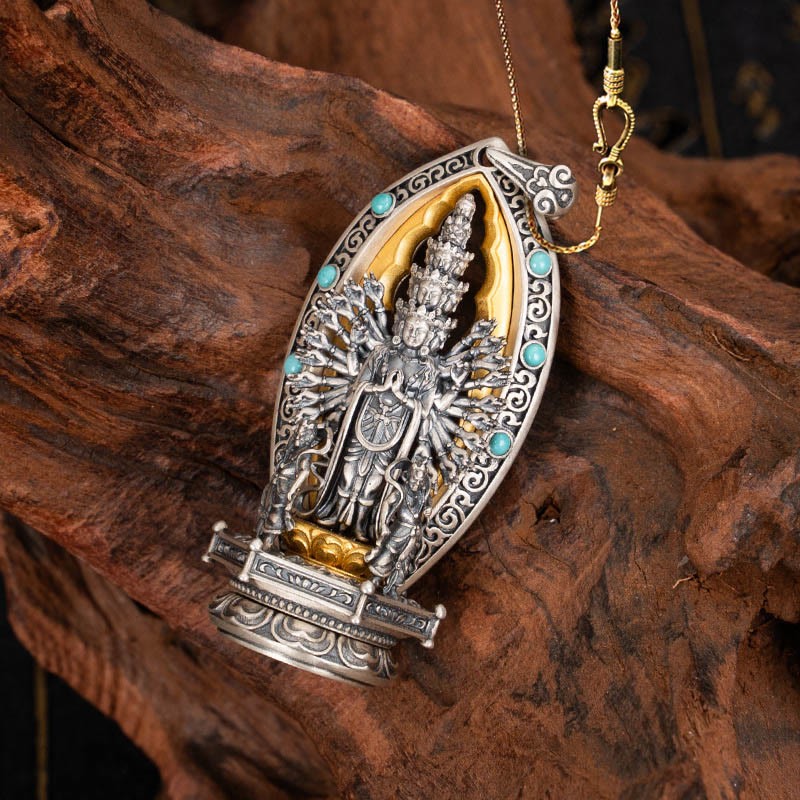 925 Sterling Silver Thousand-armed Guanyin Kwan Yin Avalokite?vara Wealth Necklace Pendant