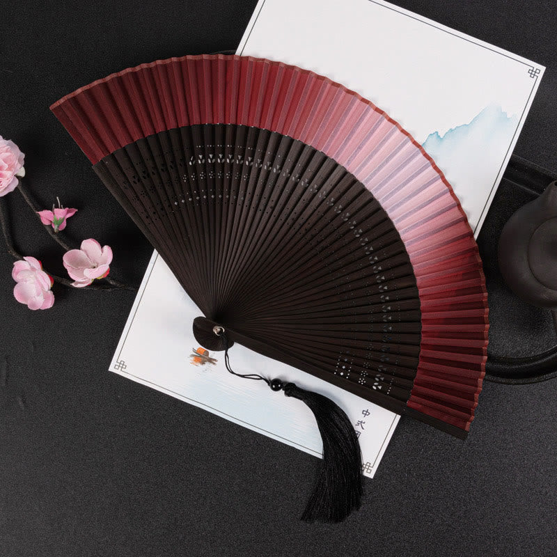 Cranes Auspicious Clouds Solid Color Gradient Handheld Cotton Linen Fabric Bamboo Folding Fan