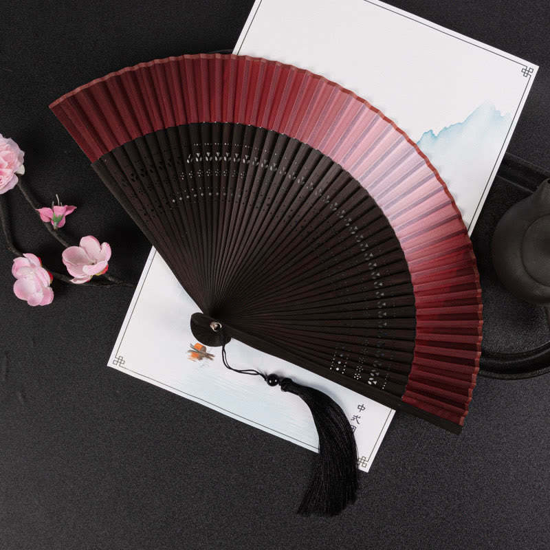 Cranes Auspicious Clouds Solid Color Gradient Handheld Cotton Linen Fabric Bamboo Folding Fan