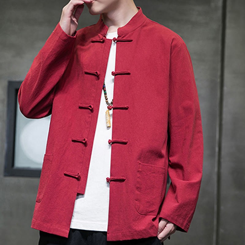 Solid Color Frog-button Tang Suit Cotton Linen Men's Jacket Shirt With Pockets