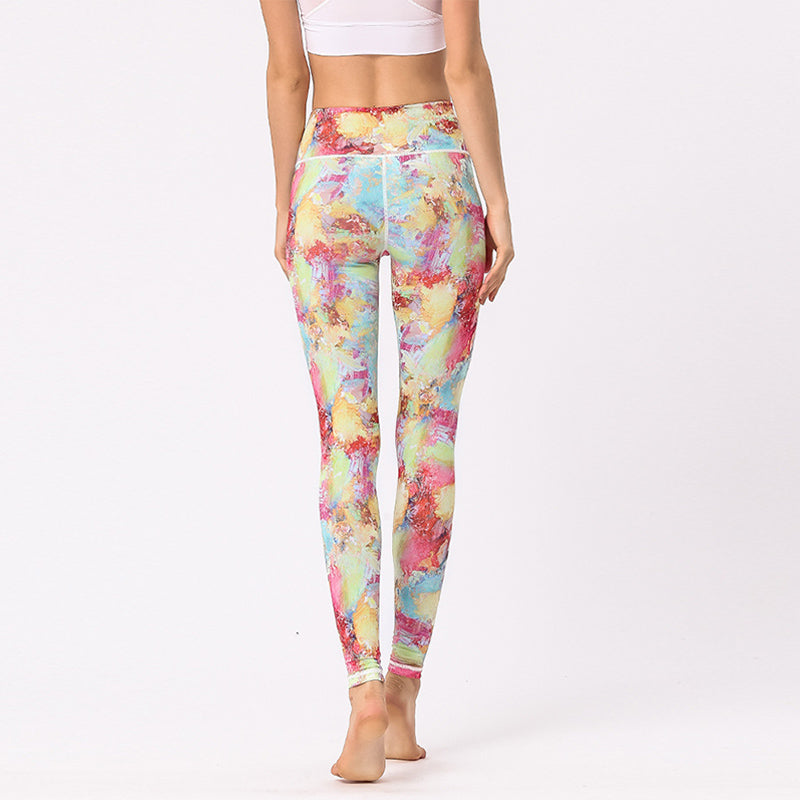 Multicolored Print Flowers Pants Sports Exercise Fitness High Waist Leggings Women's Yoga Pants