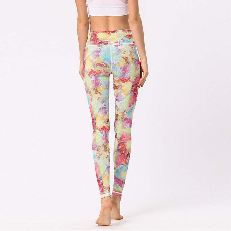 Multicolored Print Flowers Pants Sports Exercise Fitness High Waist Leggings Women's Yoga Pants