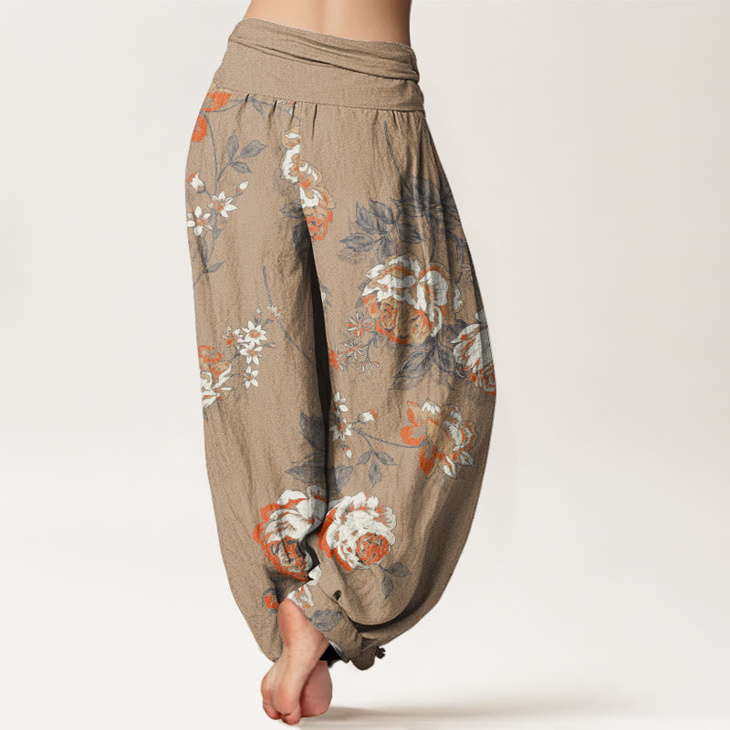 Casual Rose Leaf Pattern Women's Elastic Waist Harem Pants