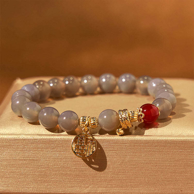 Year Of The Snake Gray Agate Red Agate Fu Character Positivity Bracelet