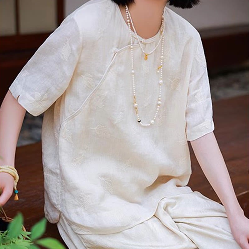 Ramie Linen Loose Blouse Short Sleeve Shirt Chinese Style Top