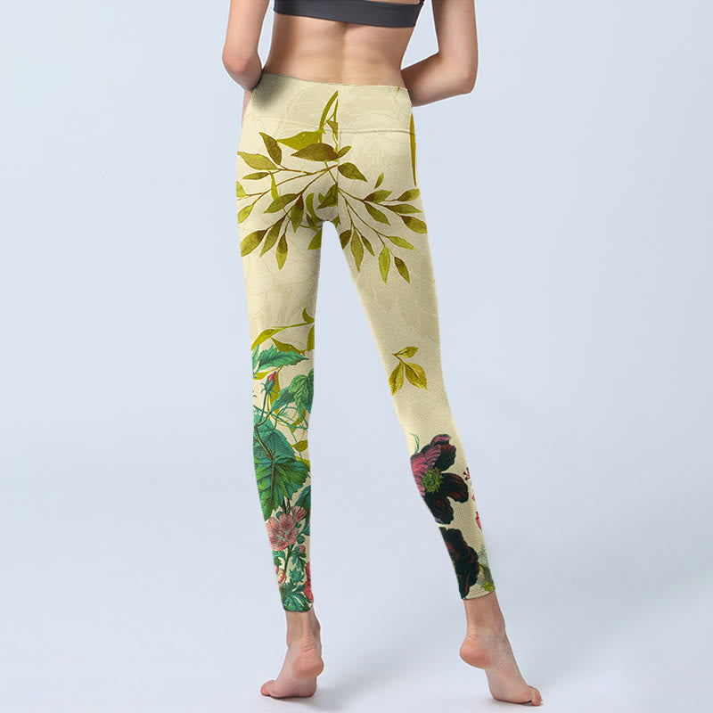Golden Green Leaves Colorful Flowers Gym Leggings Women's Yoga Pants
