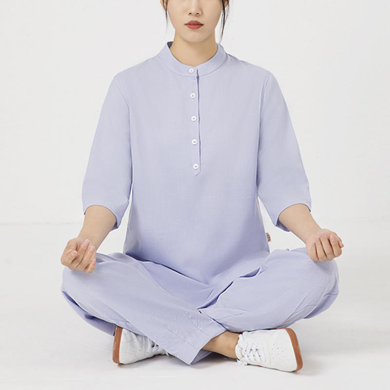 2Pcs Buttons Three Quarter Sleeve Shirt Top Pants Meditation Zen Tai Chi Cotton Linen Clothing Women's Set
