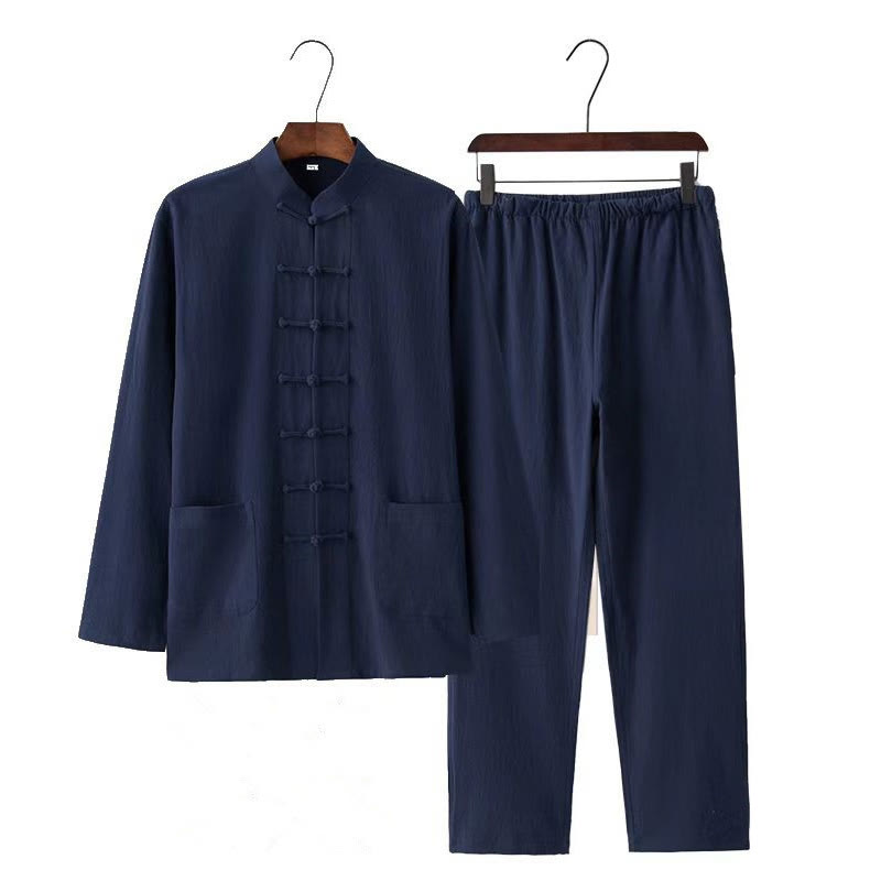 2Pcs Tang Suit Traditional Frog-Button Uniform Long Sleeve Shirt Pants Men's Set