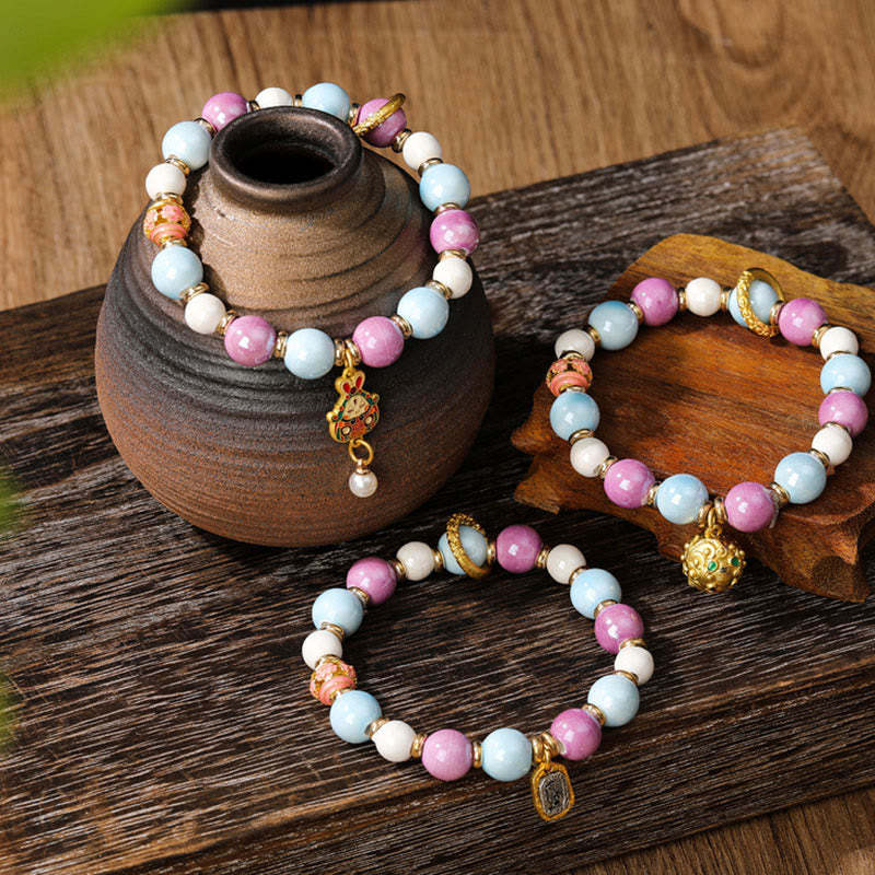 Tibetan Zakiram Goddess of Wealth Rabbit Lion Head Charm Liuli Glass Incense Ash Porcelain Bead Protection Bracelet