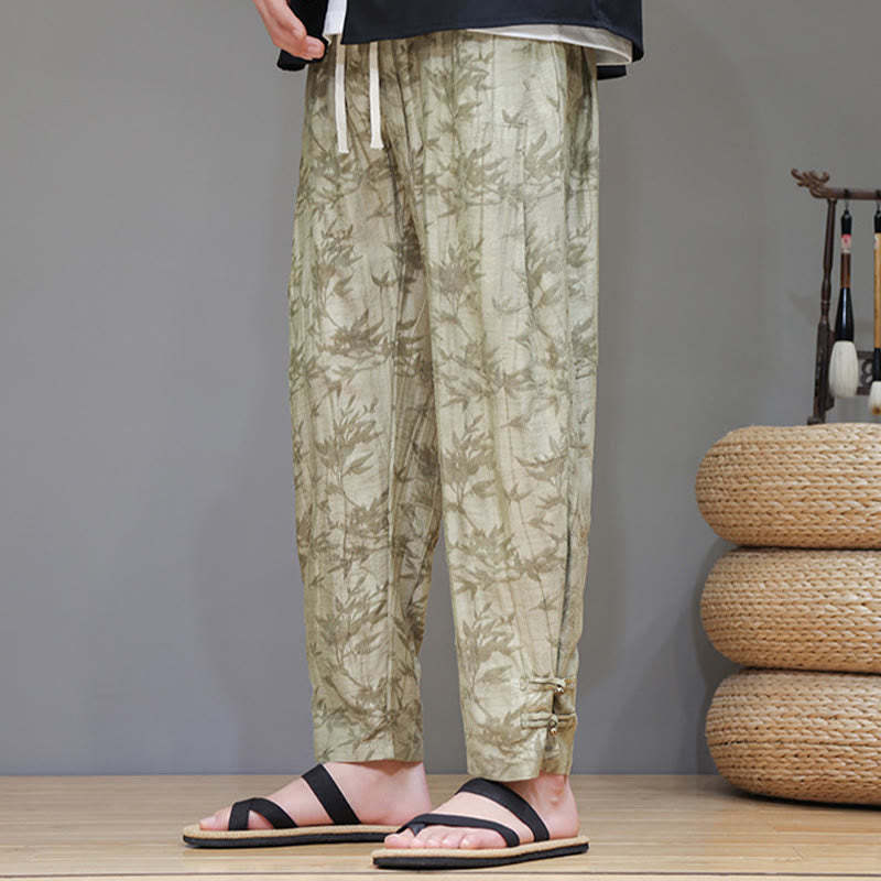 Bamboo Ankle Frog-button Drawstring Men's Pants With Pockets